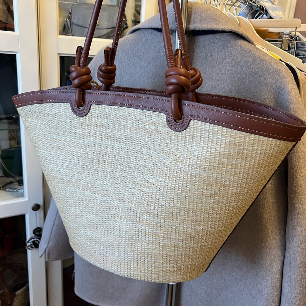 Fossil Cream Straw Tote with Brown Leather Trim